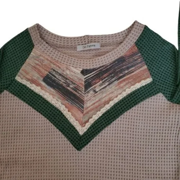 Ces Femme Women's Knit Green/Tan Color Block Long Sleeve Pullover Sweater Small - Picture 4 of 11